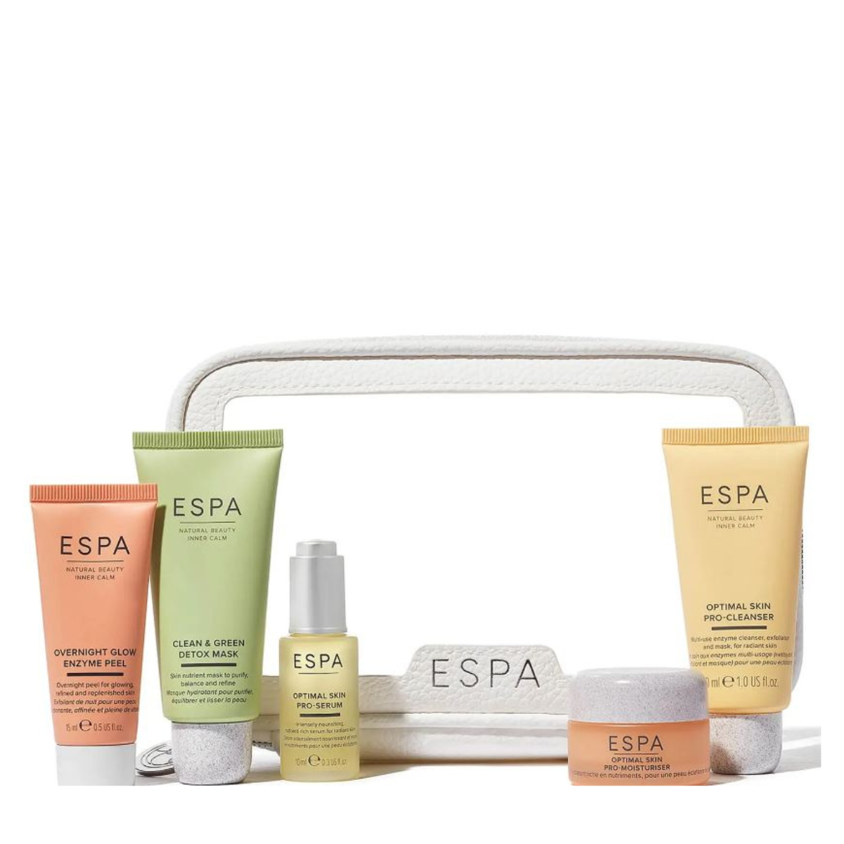 ESPA Glow Essentials rinkinys skaidrioje kosmetinėje (vertė 97 €)